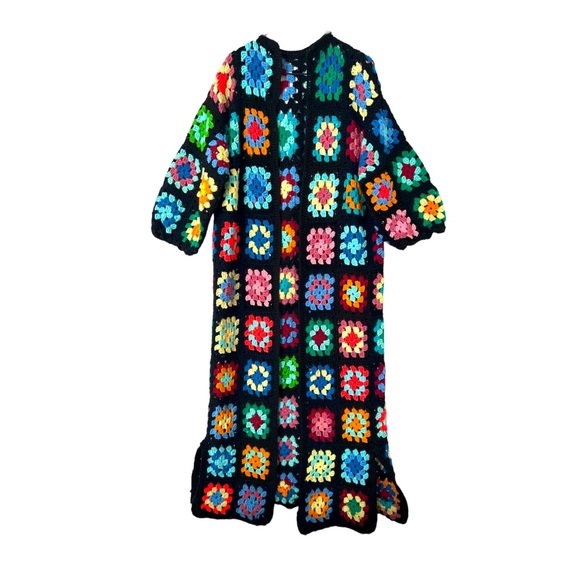 Vintage Sweaters - Vintage 70s Granny Square Crochet Afghan Cardigan Sweater Coat Multicolour OS
